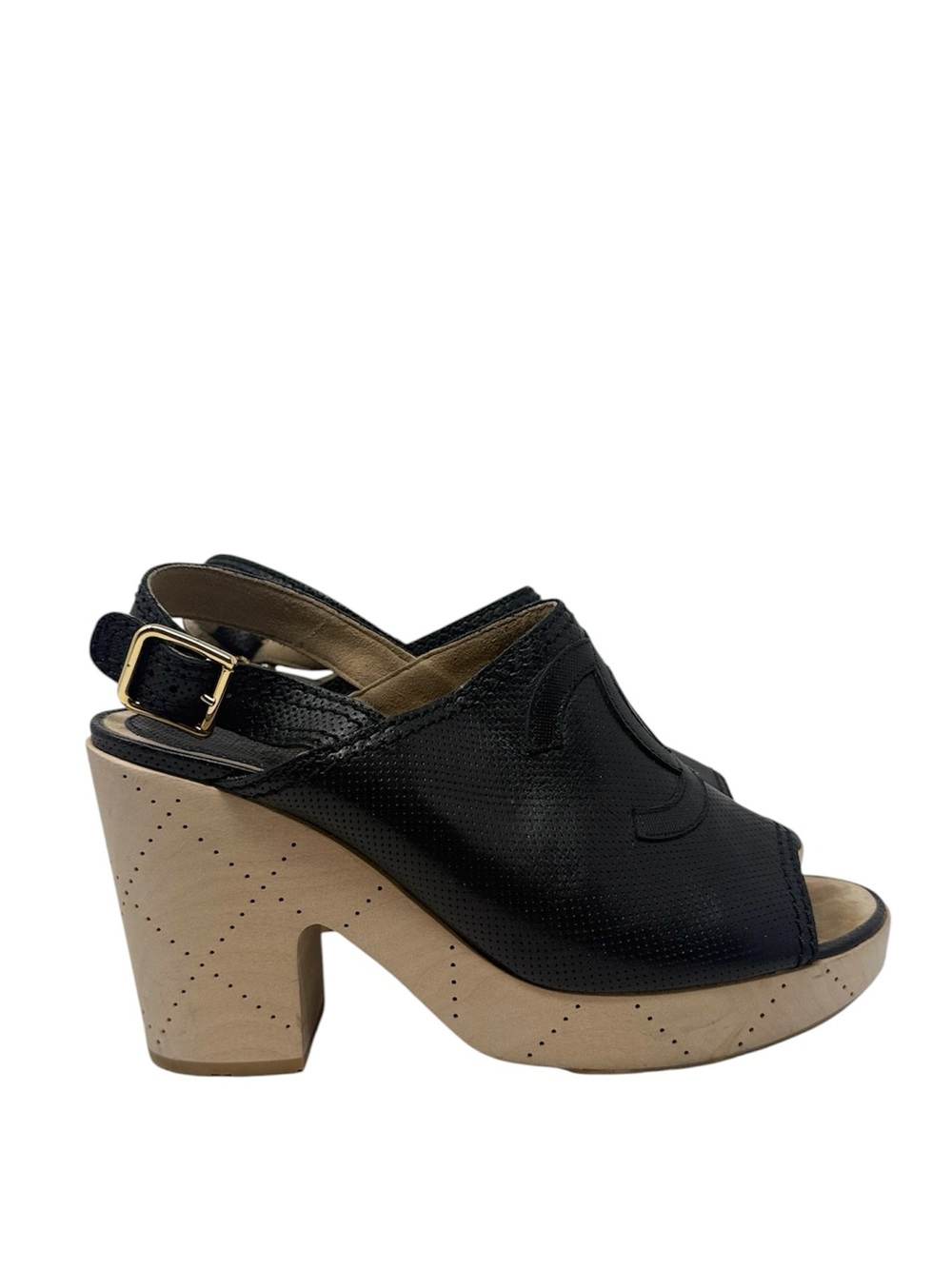 Chanel CC Logo Black Leather Slingback Platform Slingback Block Heel Clogs 39.5